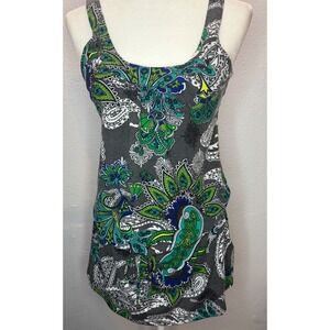 Decree Y2K Paisley Tank Top Womens M Gray Blue Green Racerback Cutout Stretch